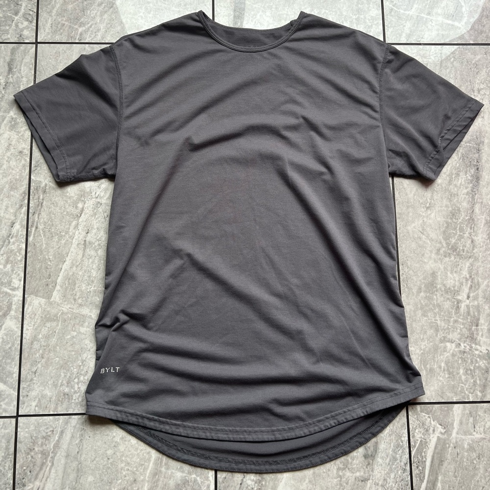 BYLT Basics Mens Gray Drop Cut T-Shirt Solid Logo Performance Short Sleeve Sz L